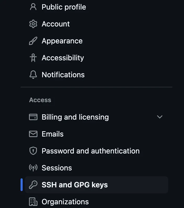 Settings 안 SSH and GPG keys 누르면됨.